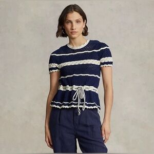 New Polo Ralph Lauren STRIPED POINTELLE-KNIT SWEATER T-SHIRT Navy and White